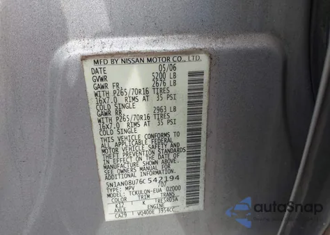 2006 Nissan Xterra X z USA, uszkodzony, nr VIN 5N1AN08U76C542194
